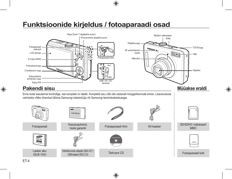 Funktsioonide kirjeldus / fotoaparaadi osad, Pakendi sisu, Müüakse eraldi | Et-4 | Samsung L310W User Manual | Page 117 / 130