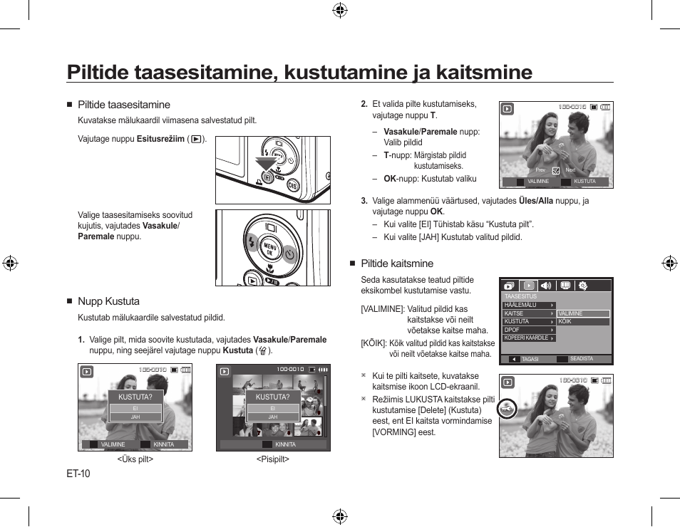 Piltide taasesitamine, kustutamine ja kaitsmine, Piltide kaitsmine, Piltide taasesitamine | Nupp kustuta, Et-10 | Samsung L310W User Manual | Page 123 / 130