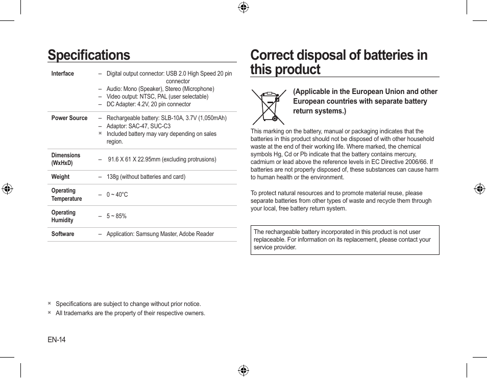 Speciﬁcations, Correct disposal of batteries in this product | Samsung L310W User Manual | Page 15 / 130