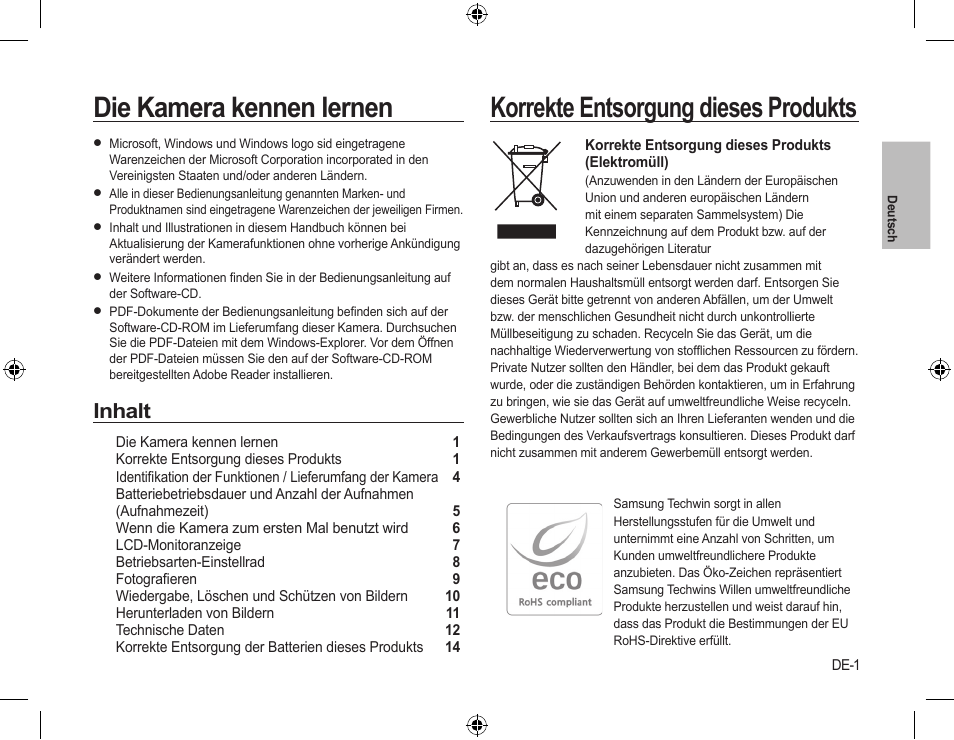 Die kamera kennen lernen, Korrekte entsorgung dieses produkts, Inhalt | Samsung L310W User Manual | Page 16 / 130