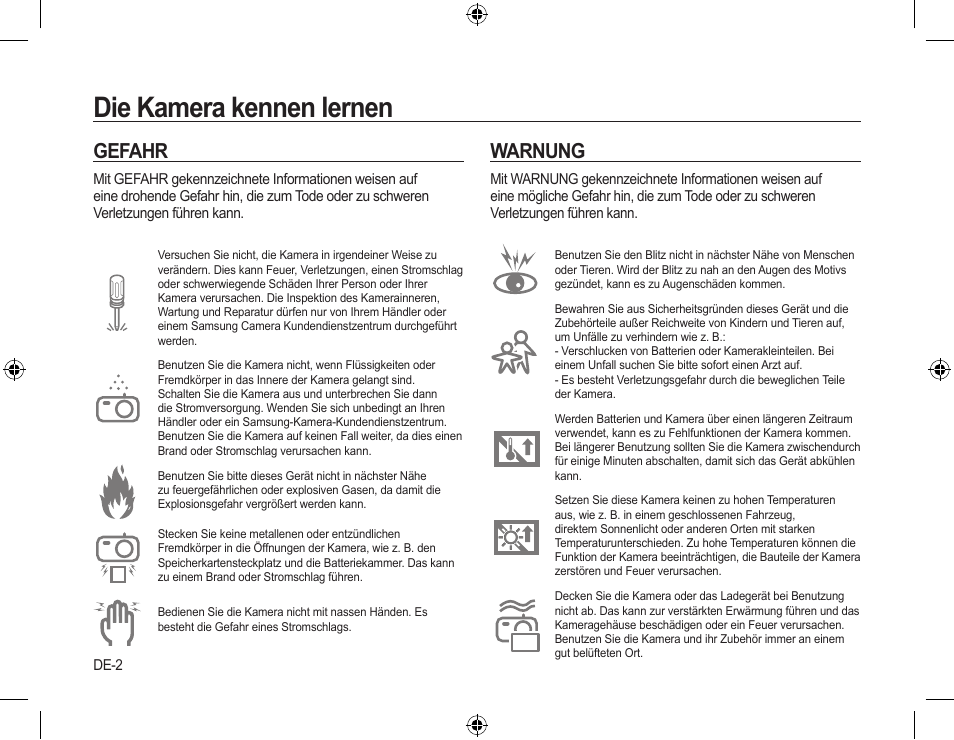 Die kamera kennen lernen, Gefahr, Warnung | Samsung L310W User Manual | Page 17 / 130
