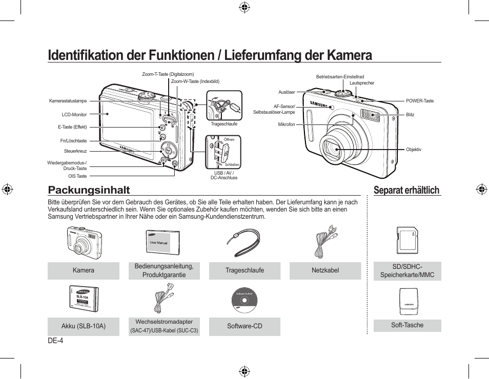 Packungsinhalt, Separat erhältlich, De-4 | Samsung L310W User Manual | Page 19 / 130