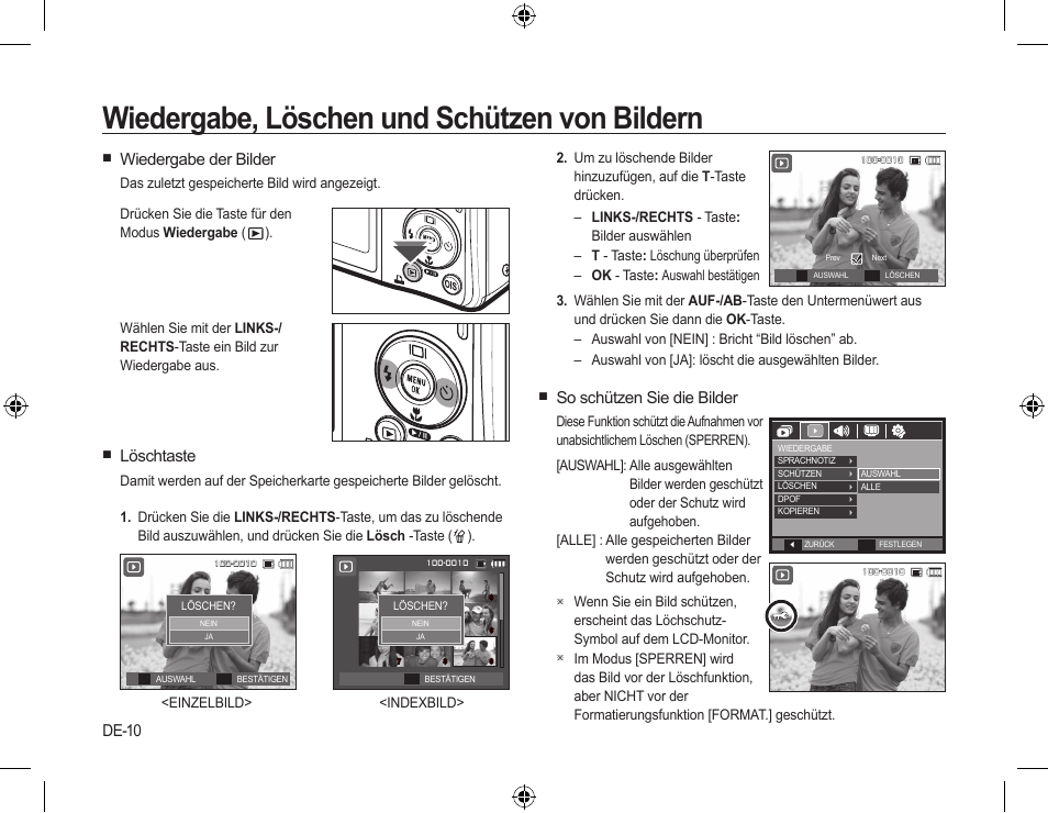 Wiedergabe, löschen und schützen von bildern, De-10, So schützen sie die bilder | Wiedergabe der bilder, Löschtaste | Samsung L310W User Manual | Page 25 / 130