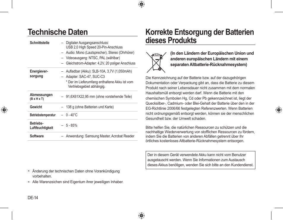 Technische daten, Korrekte entsorgung der batterien dieses produkts | Samsung L310W User Manual | Page 29 / 130