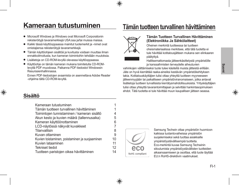 Kameraan tutustuminen, Tämän tuotteen turvallinen hävittäminen, Sisältö | Samsung L310W User Manual | Page 30 / 130