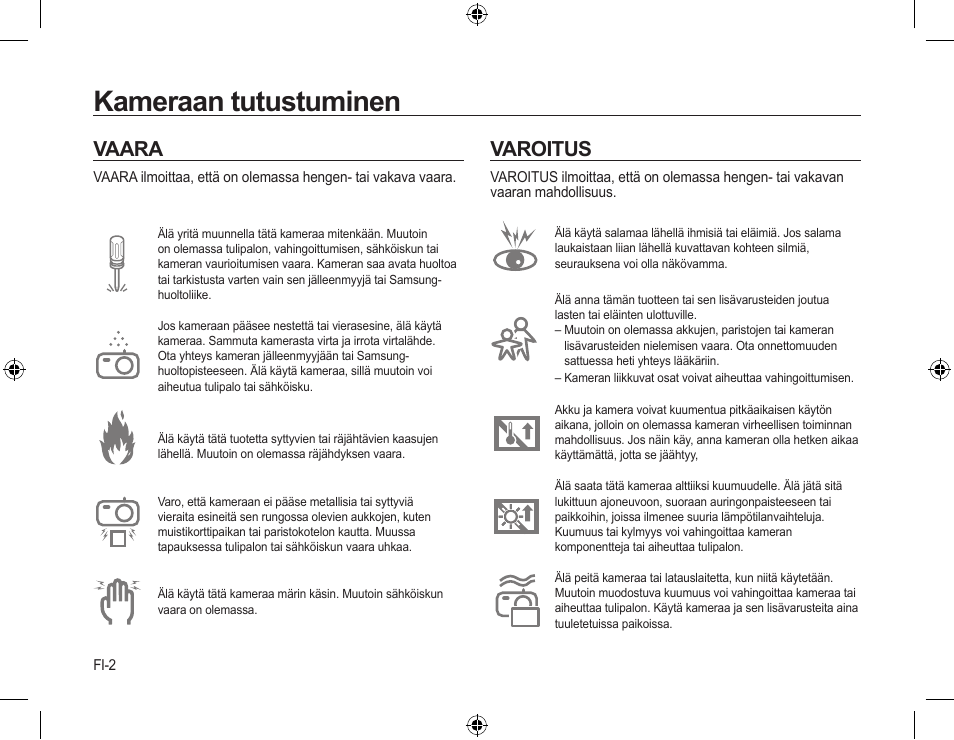 Kameraan tutustuminen, Vaara, Varoitus | Samsung L310W User Manual | Page 31 / 130