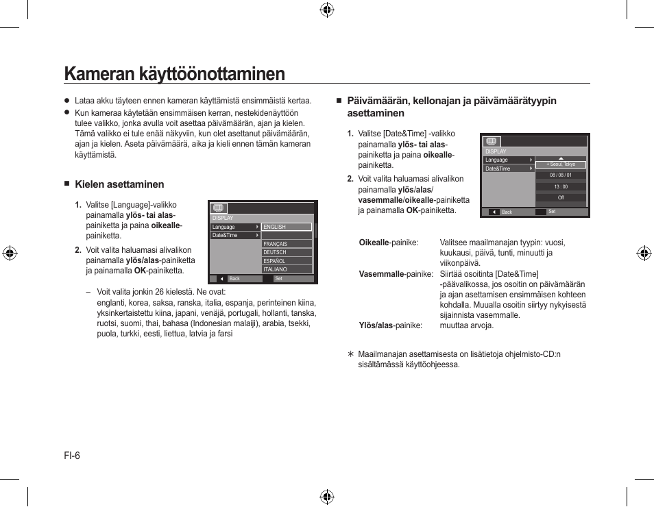 Kameran käyttöönottaminen, Kielen asettaminen, Fi-6 | Samsung L310W User Manual | Page 35 / 130