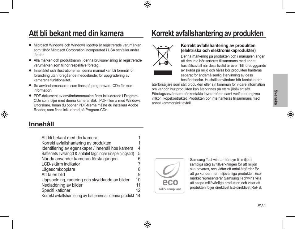 Att bli bekant med din kamera, Korrekt avfallshantering av produkten, Innehåll | Samsung L310W User Manual | Page 44 / 130