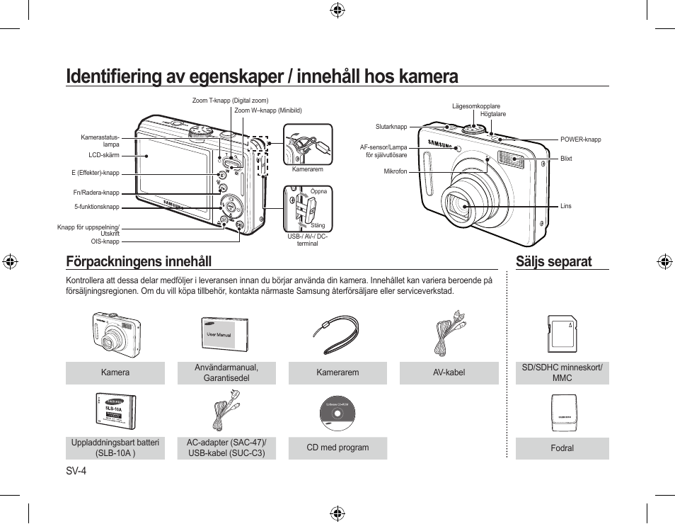 Identiﬁering av egenskaper / innehåll hos kamera, Förpackningens innehåll, Säljs separat | Sv-4 | Samsung L310W User Manual | Page 47 / 130