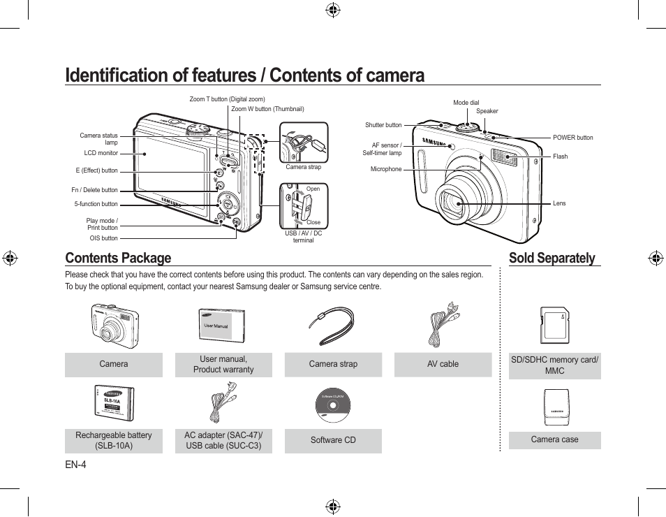 Identiﬁcation of features / contents of camera, Contents package, Sold separately | En-4 | Samsung L310W User Manual | Page 5 / 130