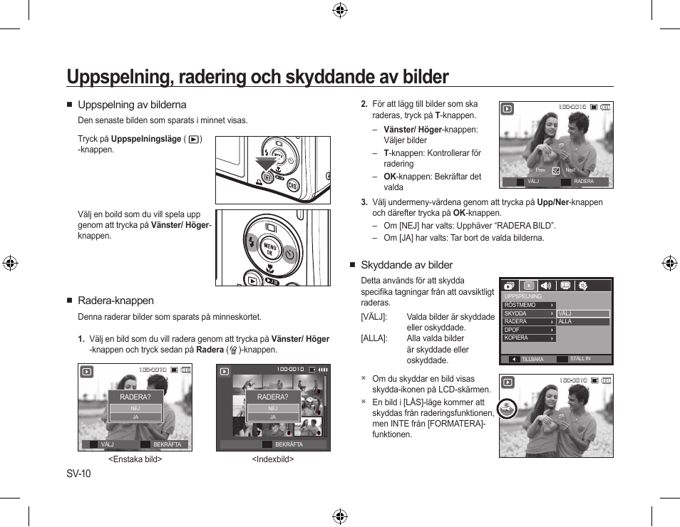 Uppspelning, radering och skyddande av bilder, Skyddande av bilder, Uppspelning av bilderna | Radera-knappen, Sv-10 | Samsung L310W User Manual | Page 53 / 130