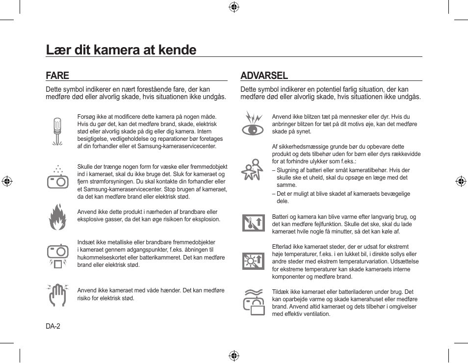 Lær dit kamera at kende, Fare, Advarsel | Samsung L310W User Manual | Page 59 / 130