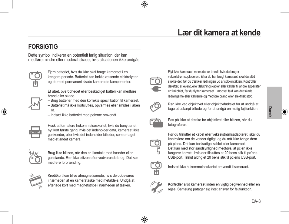 Lær dit kamera at kende, Forsigtig | Samsung L310W User Manual | Page 60 / 130