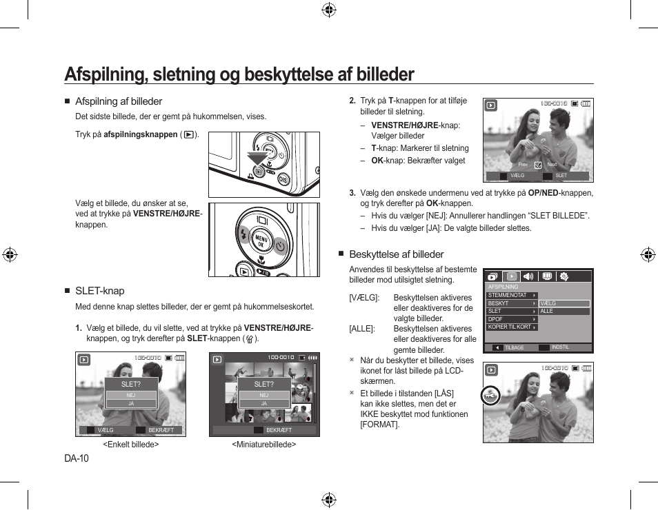 Afspilning, sletning og beskyttelse af billeder, Beskyttelse af billeder, Afspilning af billeder | Slet-knap, Da-10 | Samsung L310W User Manual | Page 67 / 130