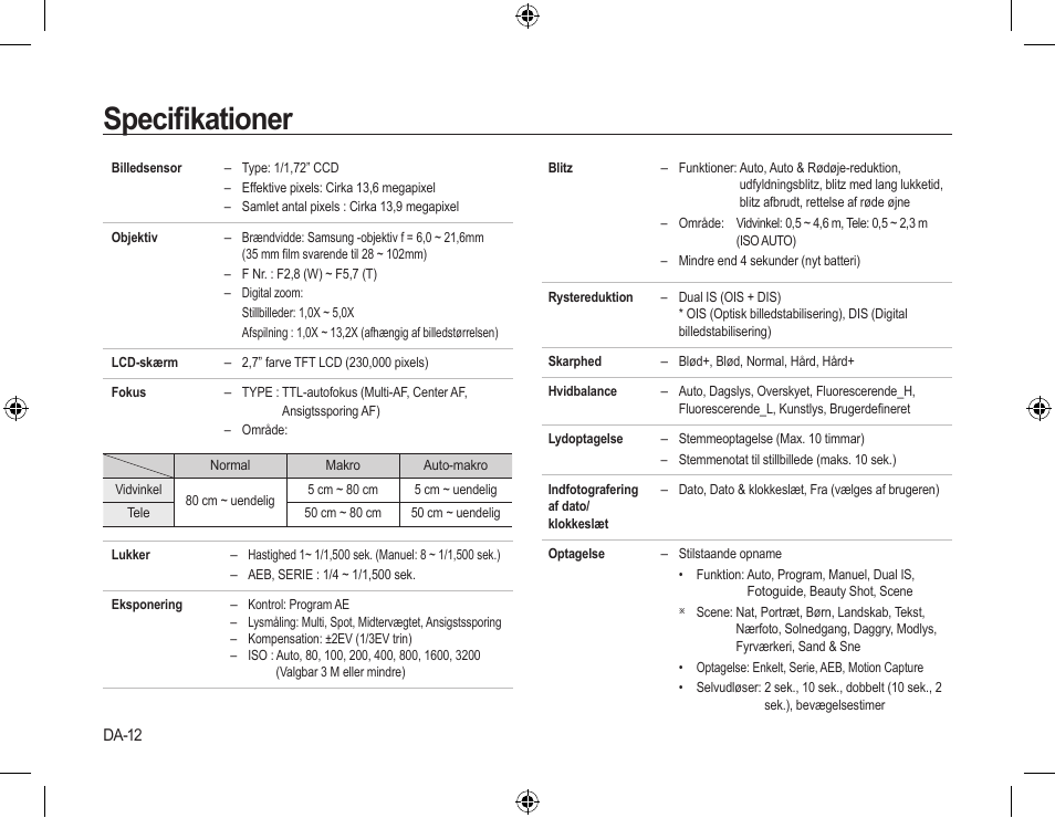 Speciﬁkationer | Samsung L310W User Manual | Page 69 / 130