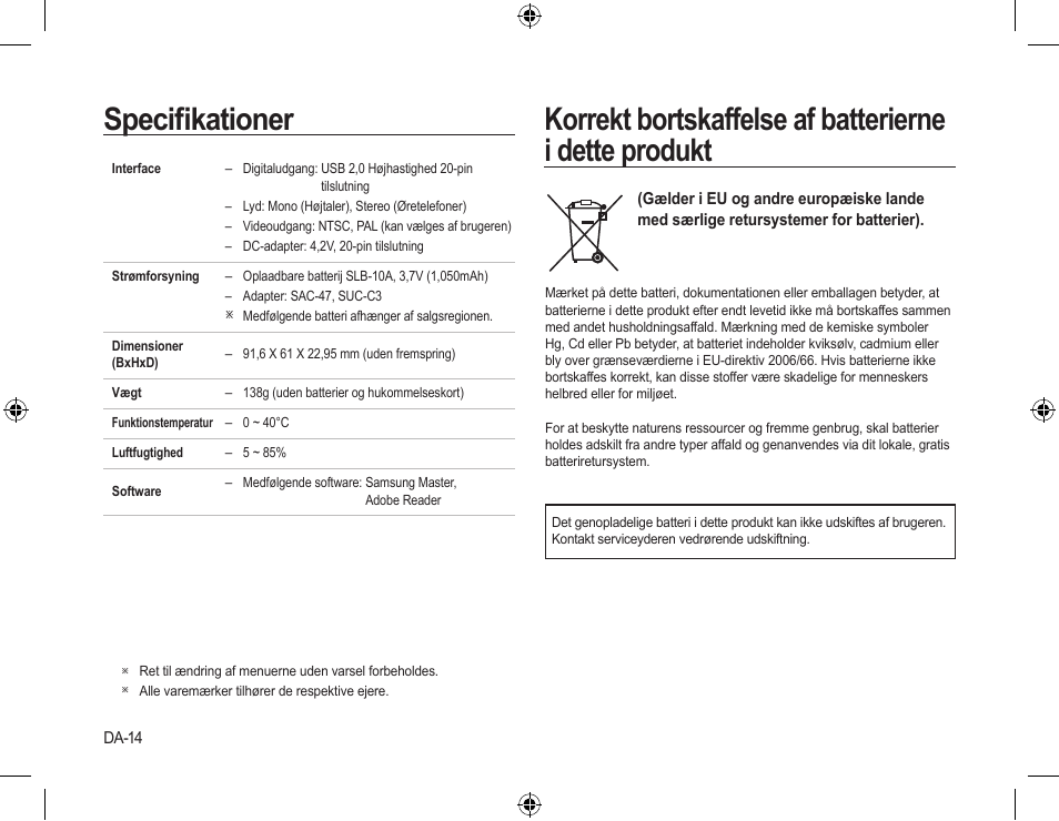 Speciﬁkationer | Samsung L310W User Manual | Page 71 / 130