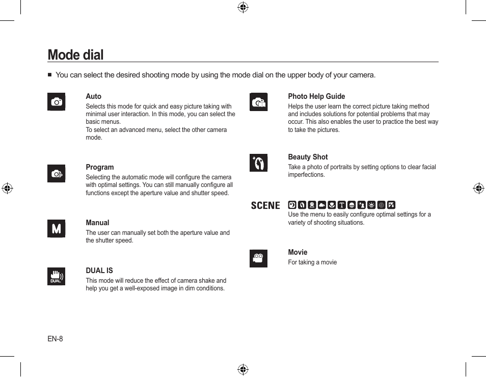 Mode dial | Samsung L310W User Manual | Page 9 / 130