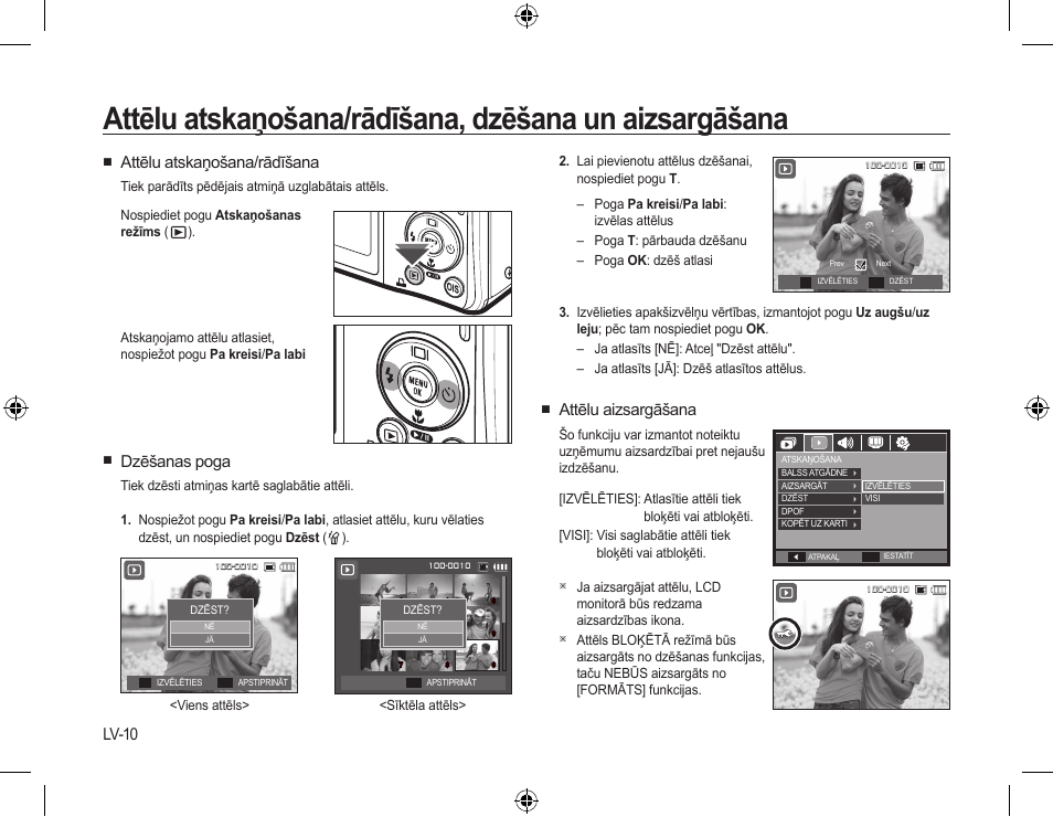 Attēlu aizsargāšana, Attēlu atskaņošana/rādīšana, Dzēšanas poga | Lv-10 | Samsung L310W User Manual | Page 95 / 130