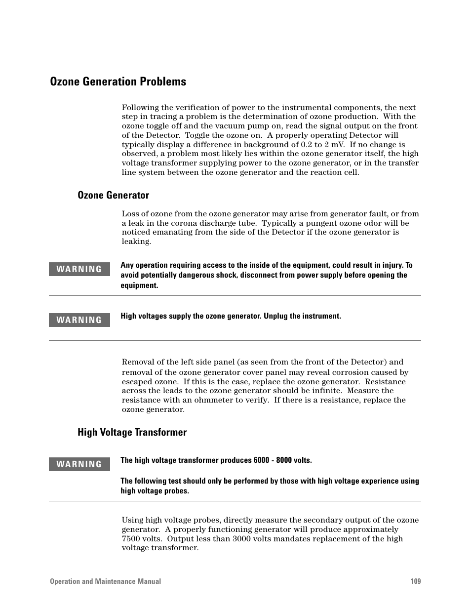 Ozone generation problems, Ozone generator, High voltage transformer | Agilent Technologies G6600-90006 User Manual | Page 109 / 118