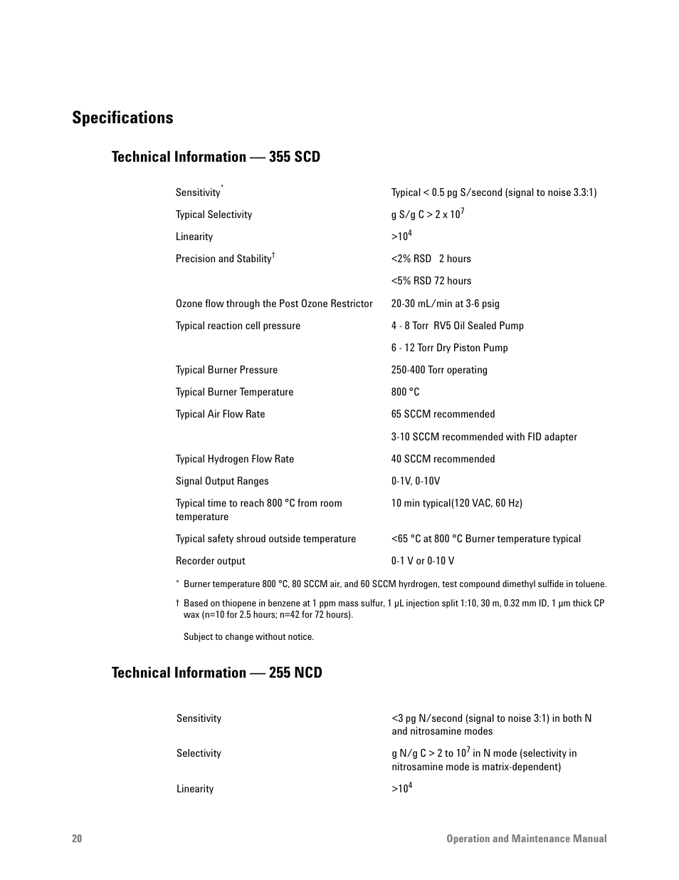 Specifications, Technical information - 355 scd, Technical information - 255 ncd | Technical information — 355 scd, Technical information — 255 ncd | Agilent Technologies G6600-90006 User Manual | Page 20 / 118