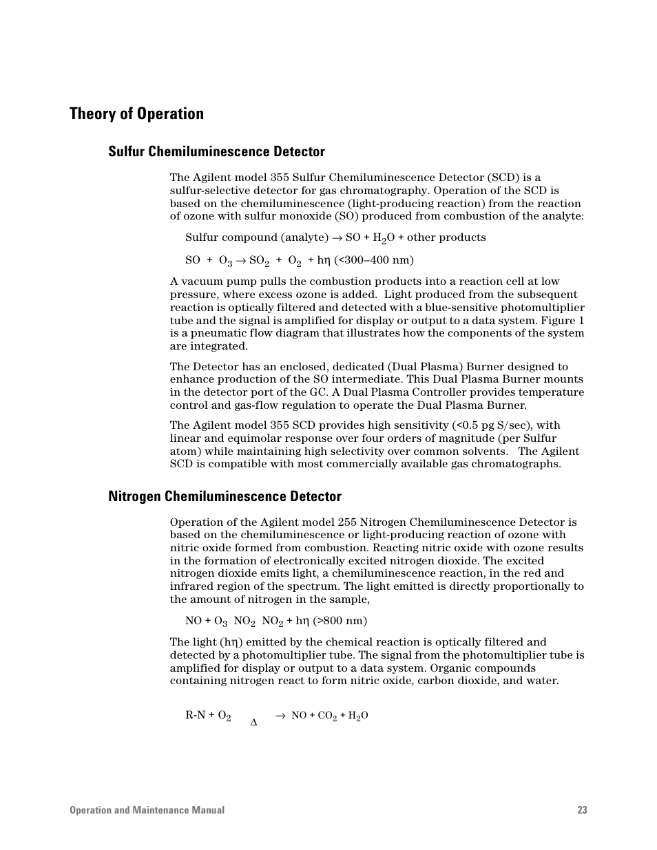 Theory of operation, Sulfur chemiluminescence detector, Nitrogen chemiluminescence detector | Agilent Technologies G6600-90006 User Manual | Page 23 / 118