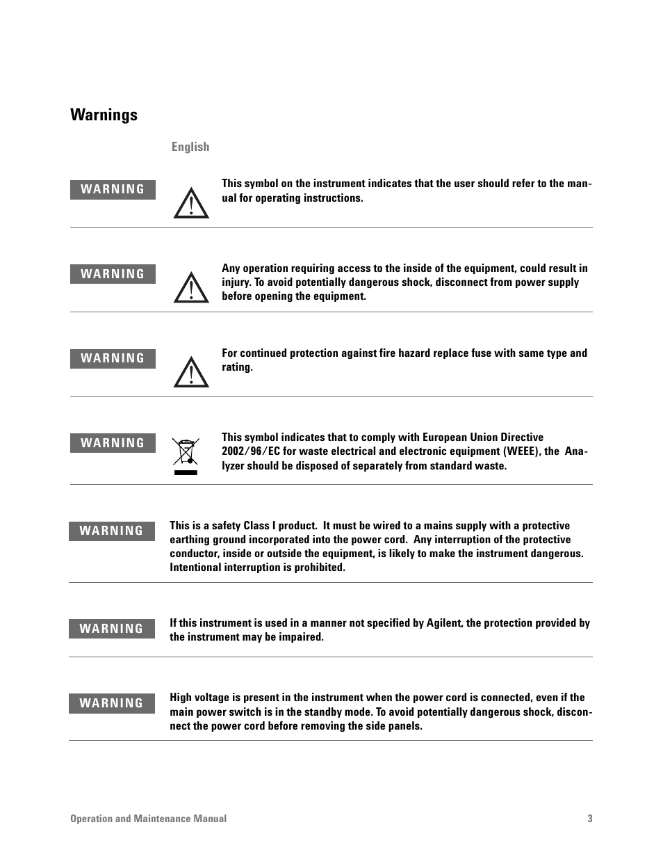 Warnings | Agilent Technologies G6600-90006 User Manual | Page 3 / 118