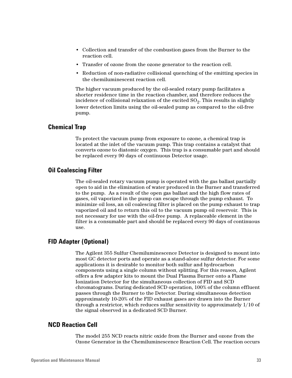 Chemical trap, Oil coalescing filter, Fid adapter (optional) | Ncd reaction cell | Agilent Technologies G6600-90006 User Manual | Page 33 / 118