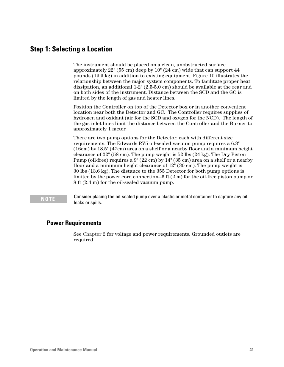 Step 1: selecting a location, Power requirements | Agilent Technologies G6600-90006 User Manual | Page 41 / 118