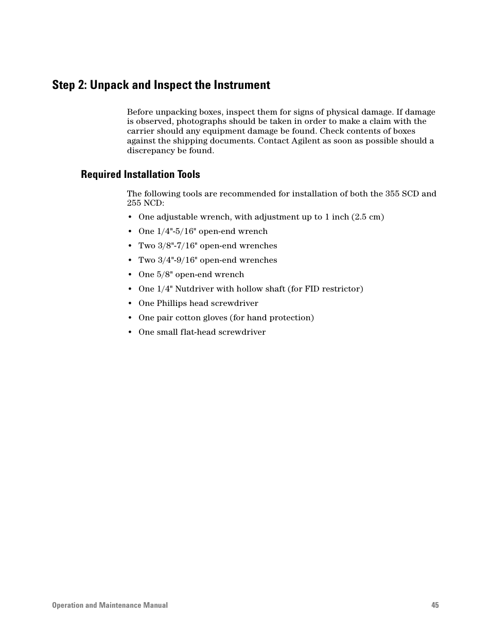 Step 2: unpack and inspect the instrument, Required installation tools | Agilent Technologies G6600-90006 User Manual | Page 45 / 118