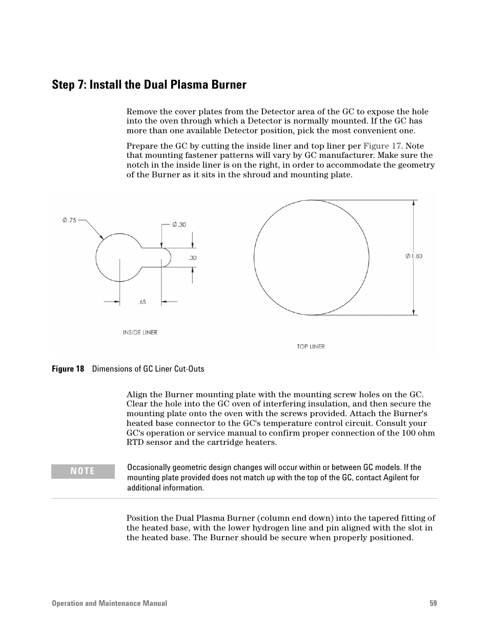 Step 7: install the dual plasma burner, Figure 18. dimensions of gc liner cut-outs | Agilent Technologies G6600-90006 User Manual | Page 59 / 118