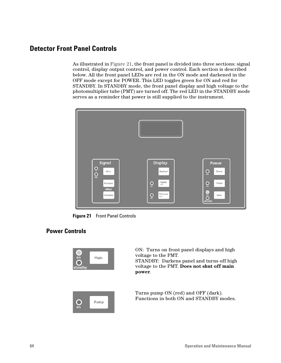 Detector front panel controls, Power controls, Figure 21. front panel controls | Agilent Technologies G6600-90006 User Manual | Page 64 / 118