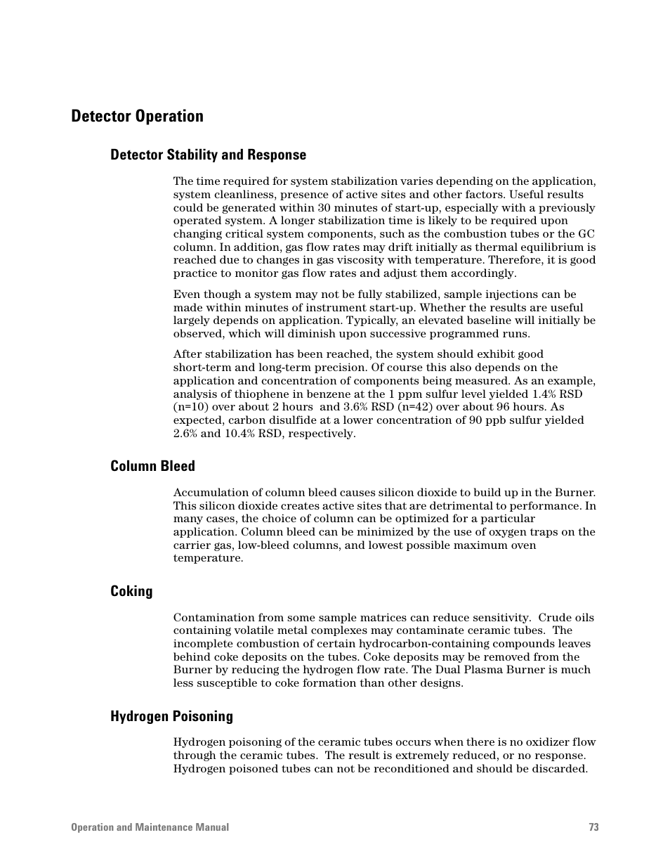 Detector operation, Detector stability and response, Column bleed | Coking, Hydrogen poisoning | Agilent Technologies G6600-90006 User Manual | Page 73 / 118