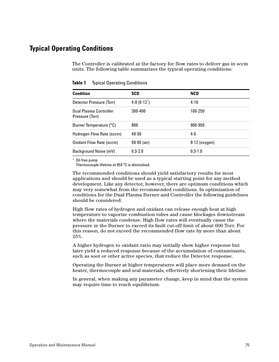 Typical operating conditions, Table 1. typical operating conditions, Table 1 | Agilent Technologies G6600-90006 User Manual | Page 75 / 118