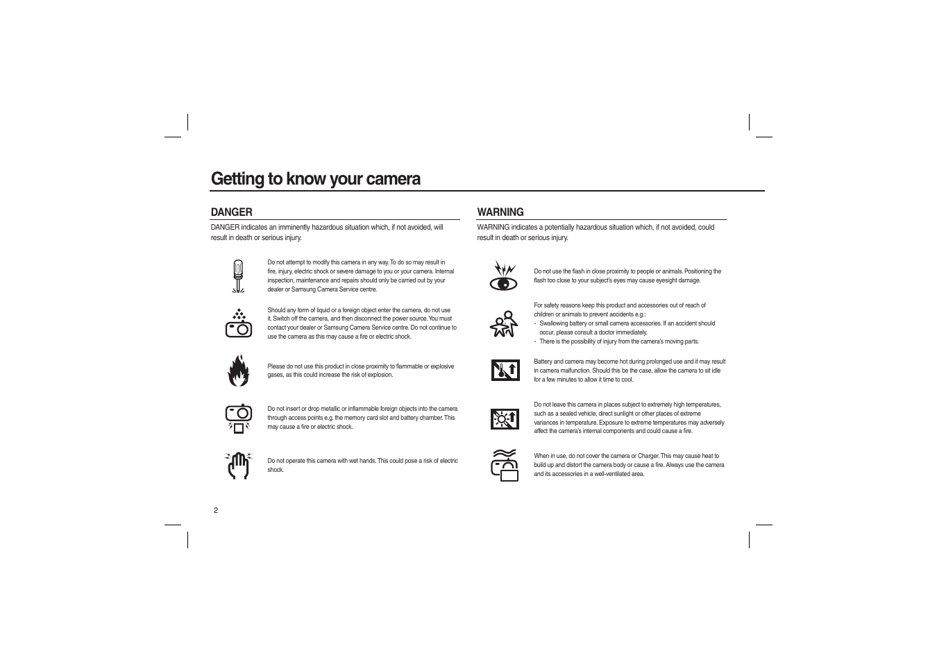 Getting to know your camera, Danger warning | Samsung L100 User Manual | Page 3 / 98