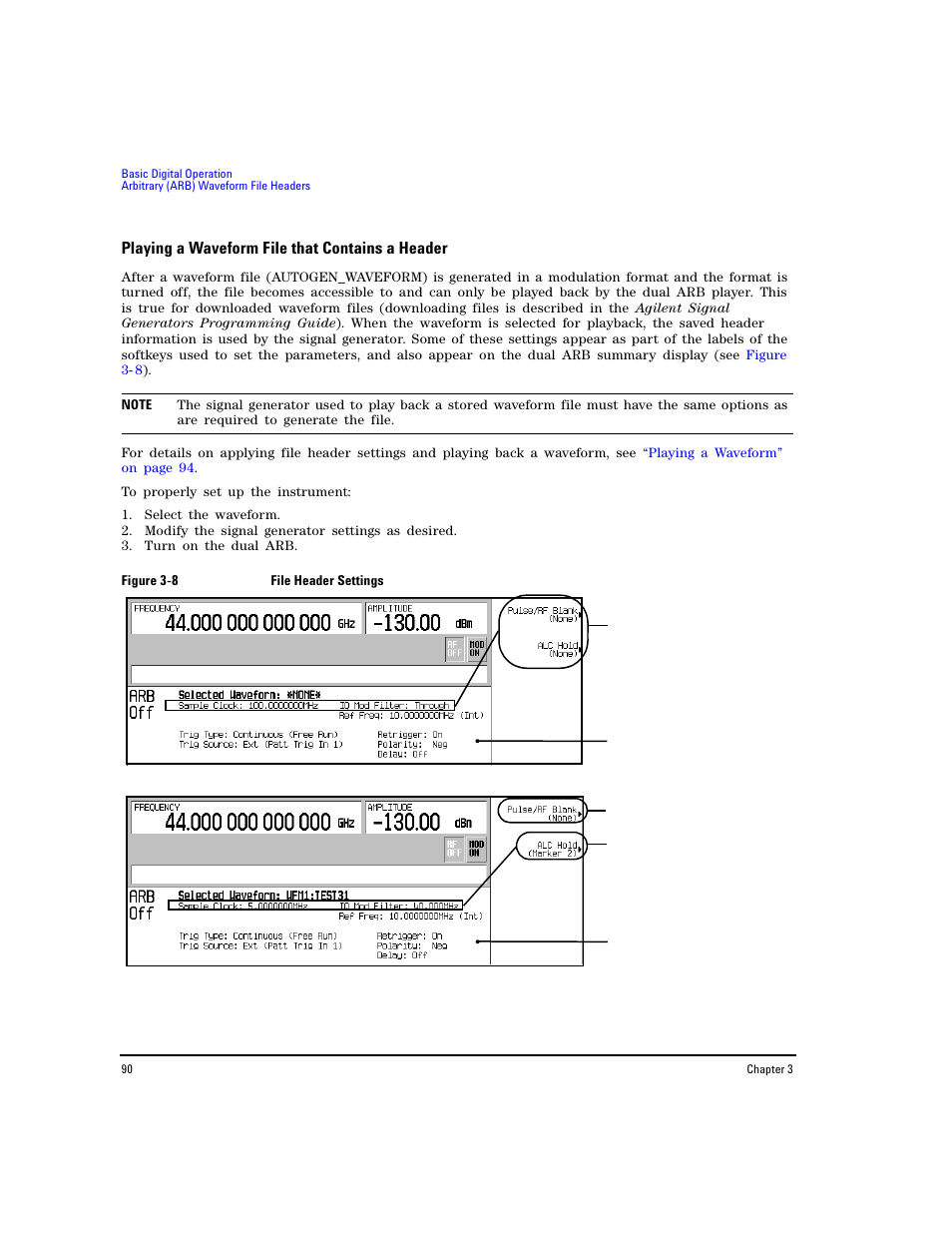 Playing a waveform file that contains a header | Agilent Technologies E8267D PSG User Manual | Page 104 / 318