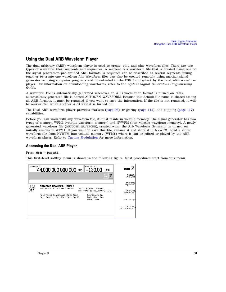 Using the dual arb waveform player, Accessing the dual arb player | Agilent Technologies E8267D PSG User Manual | Page 105 / 318