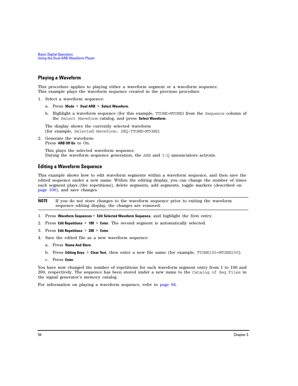 Playing a waveform, Editing a waveform sequence | Agilent Technologies E8267D PSG User Manual | Page 108 / 318