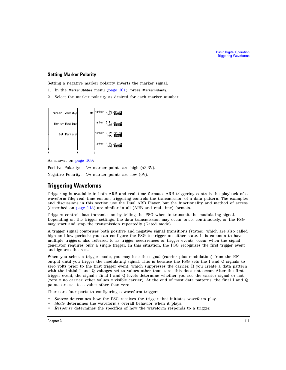Setting marker polarity, Triggering waveforms | Agilent Technologies E8267D PSG User Manual | Page 125 / 318