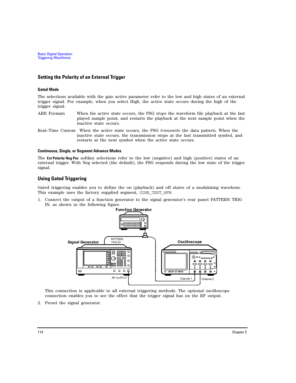 Setting the polarity of an external trigger, Using gated triggering | Agilent Technologies E8267D PSG User Manual | Page 128 / 318