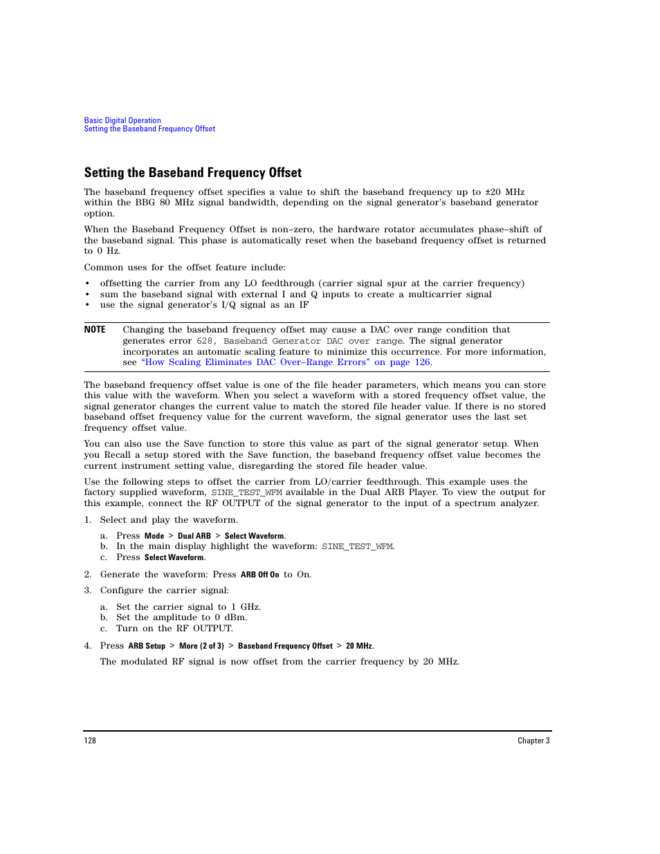 Setting the baseband frequency offset | Agilent Technologies E8267D PSG User Manual | Page 142 / 318