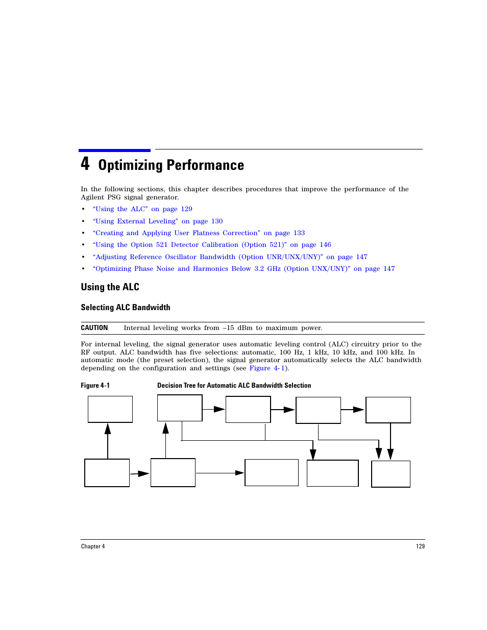 4 optimizing performance, Using the alc, Selecting alc bandwidth | Optimizing performance | Agilent Technologies E8267D PSG User Manual | Page 143 / 318