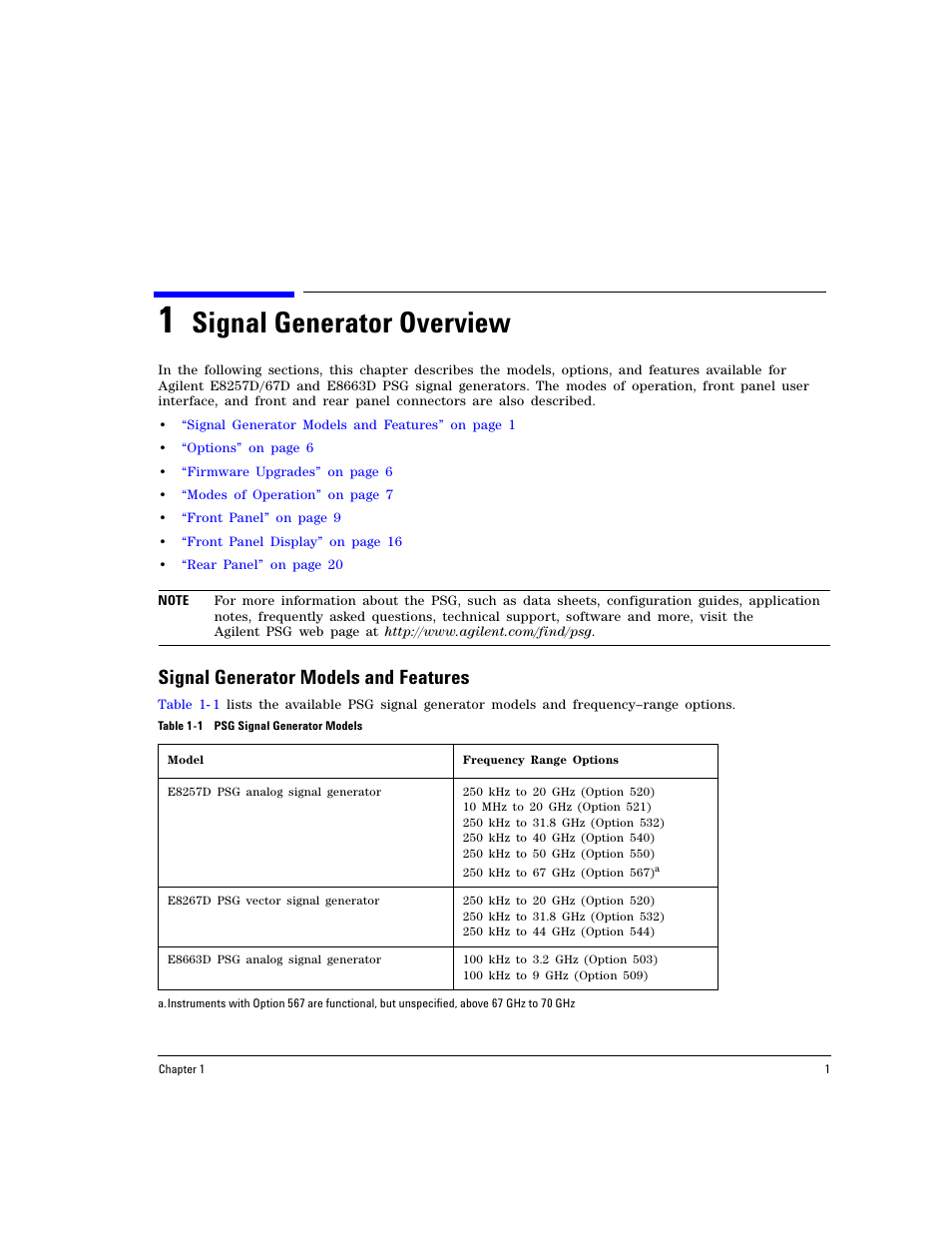 1 signal generator overview, Signal generator models and features, Signal generator overview | Agilent Technologies E8267D PSG User Manual | Page 15 / 318