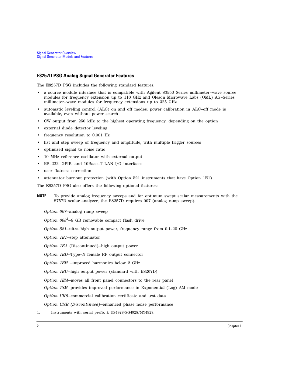 E8257d psg analog signal generator features | Agilent Technologies E8267D PSG User Manual | Page 16 / 318