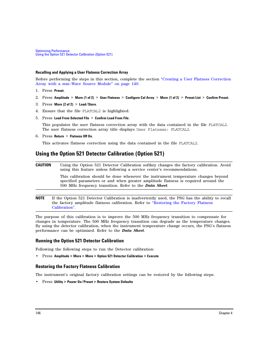 Running the option 521 detector calibration, Restoring the factory flatness calibration | Agilent Technologies E8267D PSG User Manual | Page 160 / 318