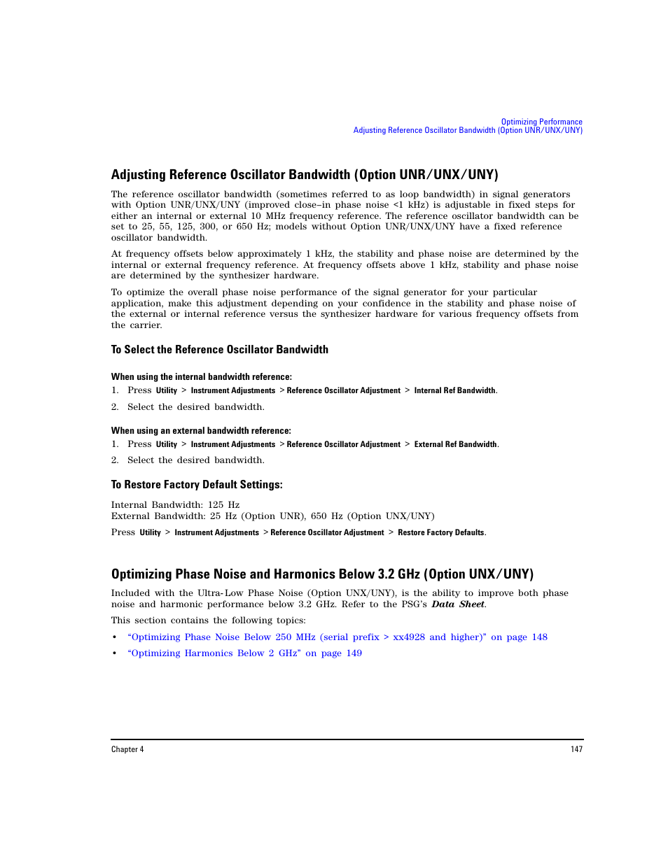 To select the reference oscillator bandwidth, To restore factory default settings | Agilent Technologies E8267D PSG User Manual | Page 161 / 318