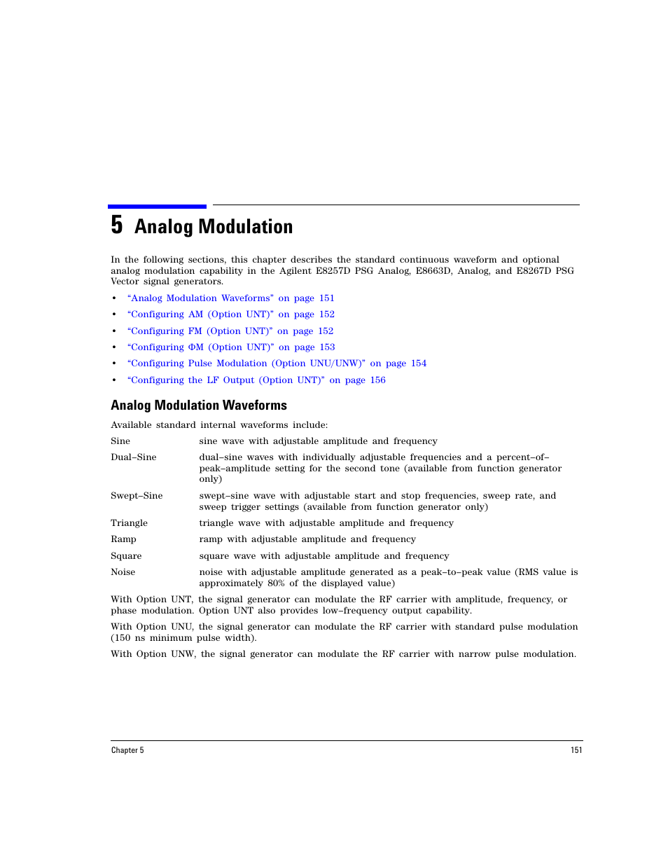 5 analog modulation, Analog modulation waveforms, Analog modulation | Agilent Technologies E8267D PSG User Manual | Page 165 / 318
