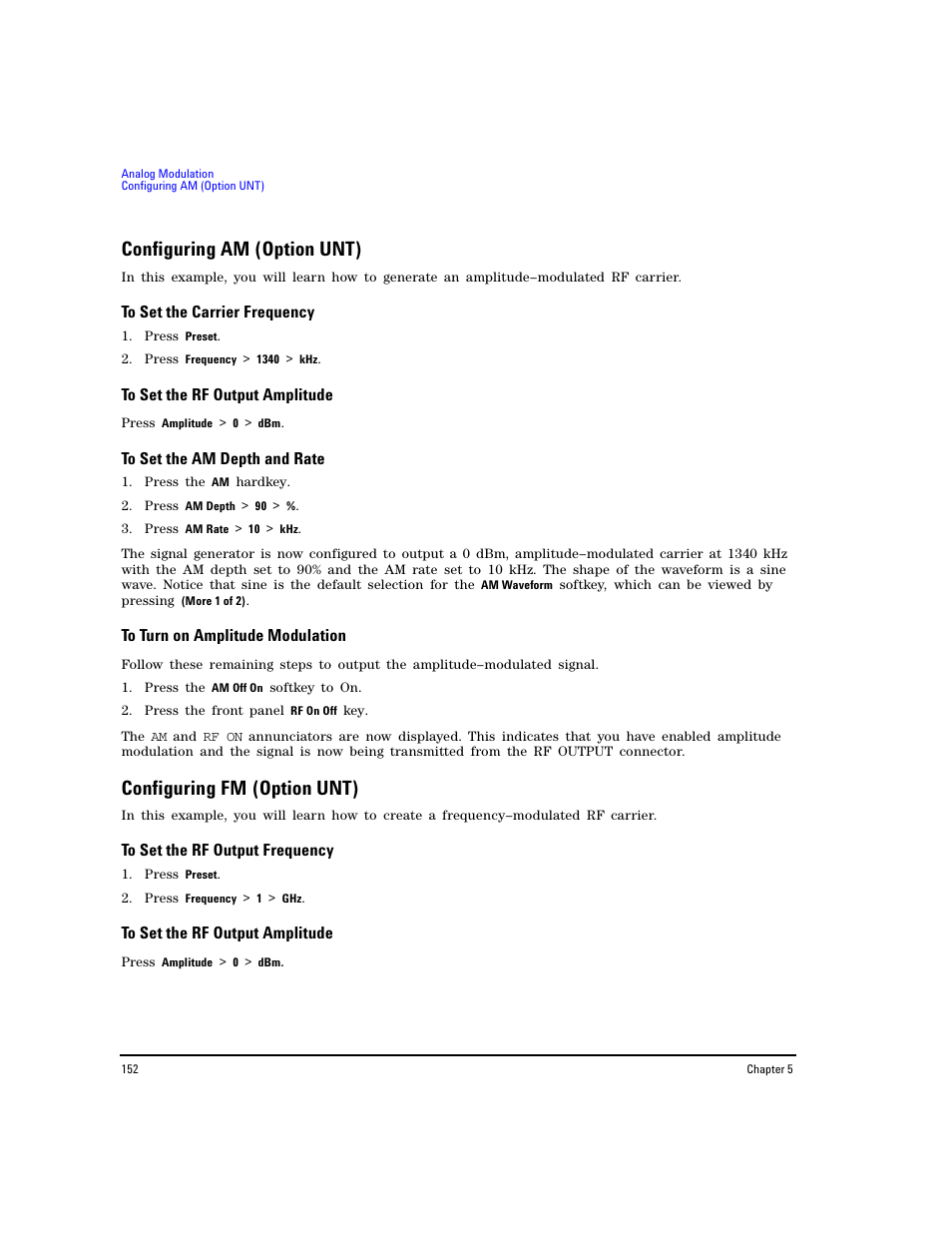 Configuring am (option unt), To set the carrier frequency, To set the rf output amplitude | To set the am depth and rate, To turn on amplitude modulation, Configuring fm (option unt), To set the rf output frequency | Agilent Technologies E8267D PSG User Manual | Page 166 / 318