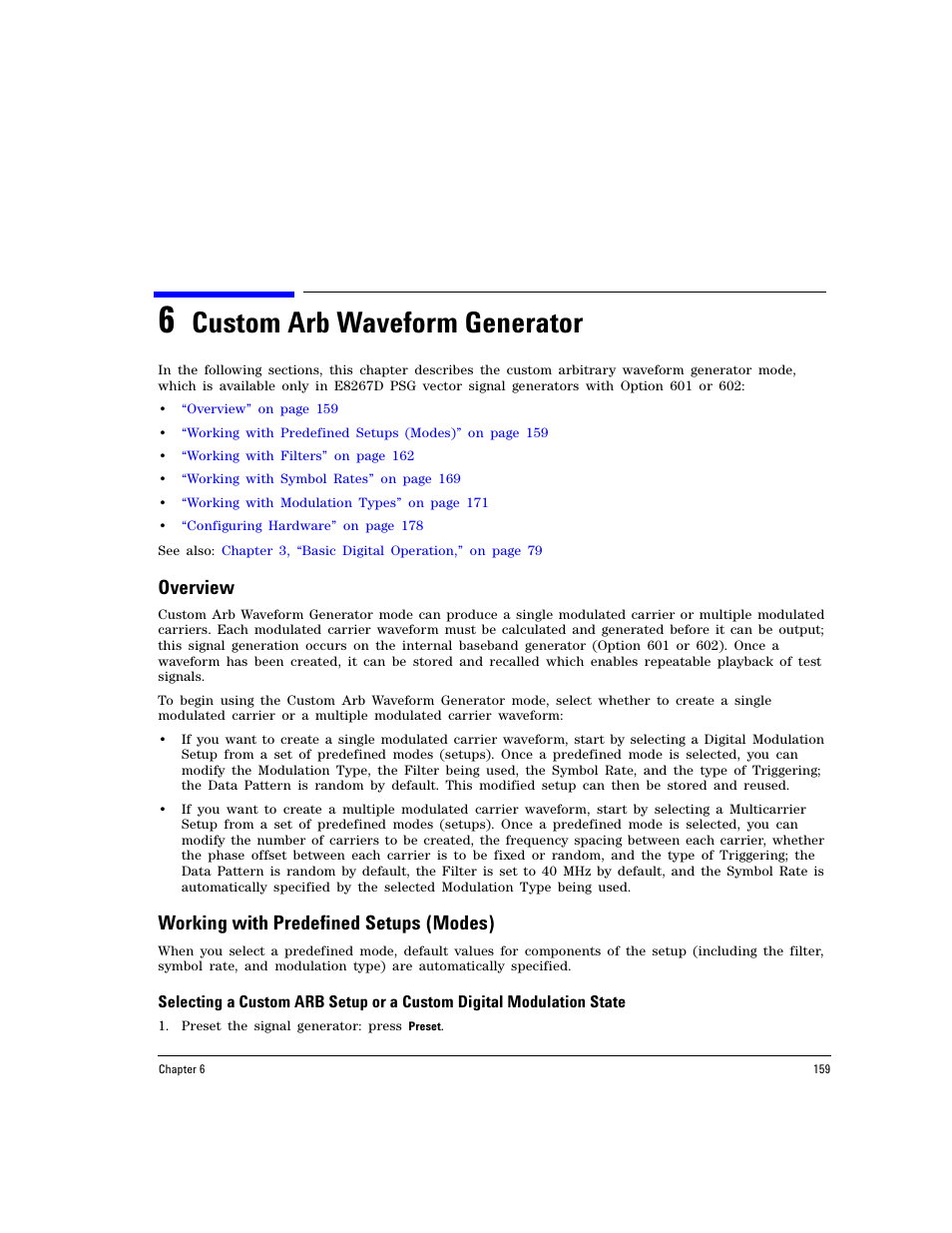 6 custom arb waveform generator, Overview, Working with predefined setups (modes) | Custom arb waveform generator | Agilent Technologies E8267D PSG User Manual | Page 173 / 318