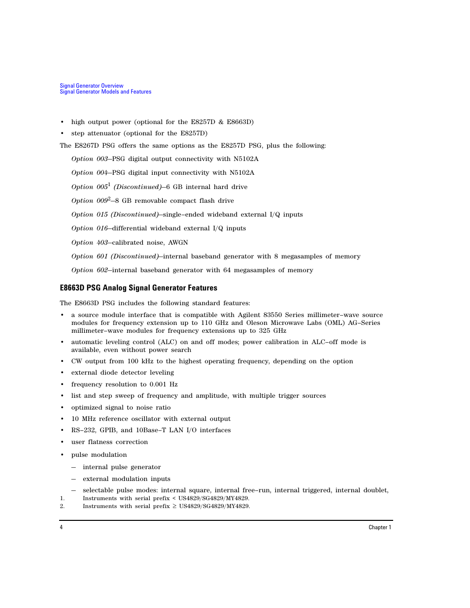 E8663d psg analog signal generator features | Agilent Technologies E8267D PSG User Manual | Page 18 / 318