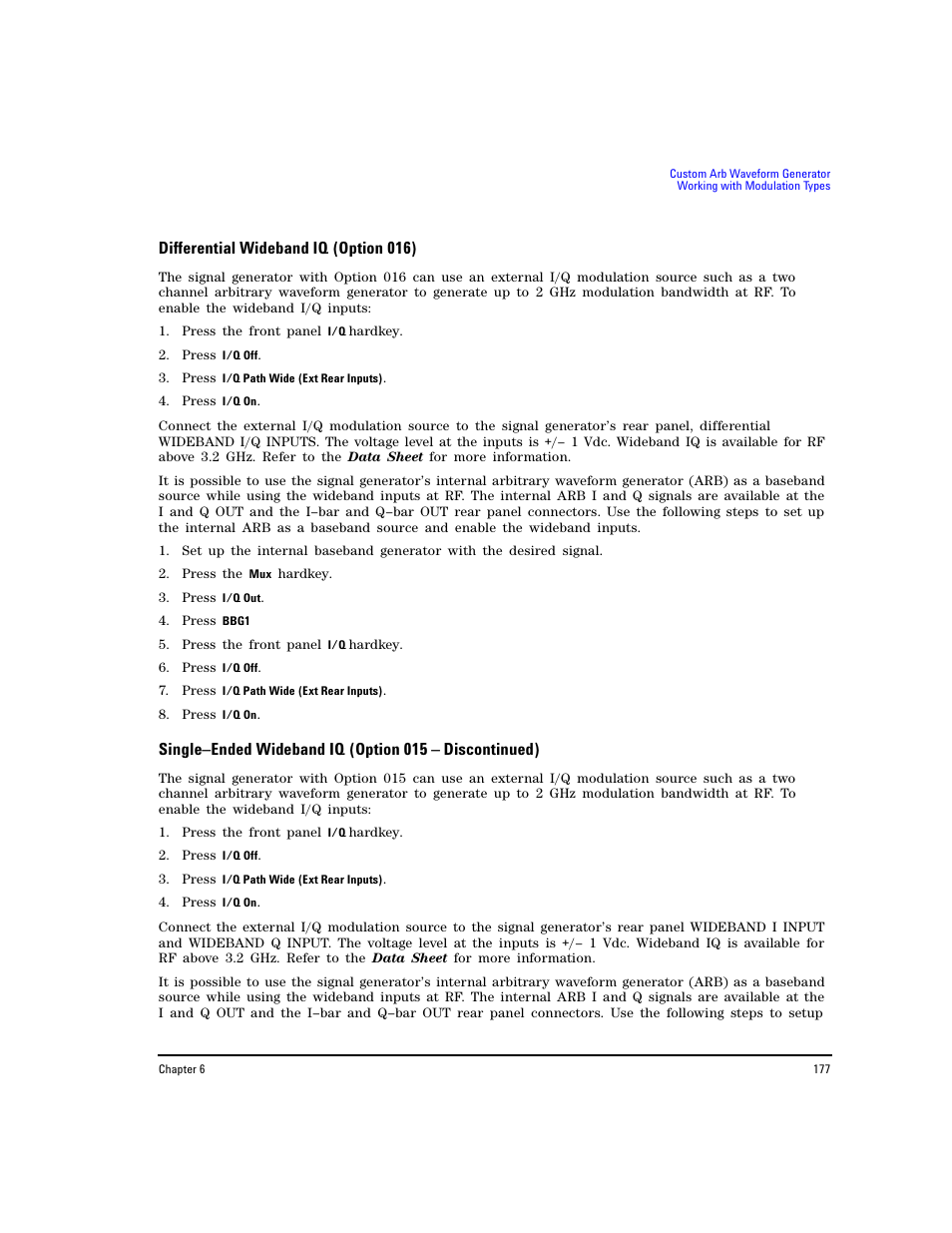Differential wideband iq (option 016) | Agilent Technologies E8267D PSG User Manual | Page 191 / 318